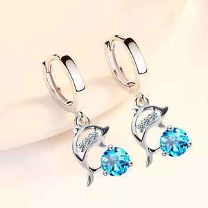 New Sterling Silver 925 Blue Crystal Dolphin Hoops earring set